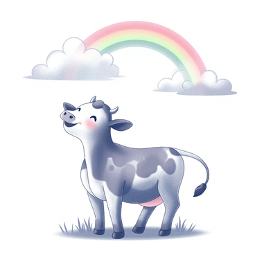 A cow standing on a grassy field with a joyful expression. The cow has a shiny coat and is looking upwards, its ears perked and tail raised. Above the cow, a vibrant rainbow arcs across the sky, arching from one side to the other. In the background, there are fluffy clouds that suggest a recent rain shower, with droplets glistening on the blades of grass. The scene captures the freshness of the air and the brightness that follows rainfall.