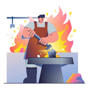 A blacksmith with a muscular build and dark hair is standing at a large anvil, hammering a piece of glowing hot metal. He is wearing a leather apron over a gray shirt, and his forearms are covered in soot. The forge around him is filled with a bright orange and yellow glow from the roaring flames, illuminating the scene with warm light. Sparks are flying from the metal as he strikes it with a heavy hammer. In the background, there are tools hanging on the wall and a small pile of metal ingots nearby. The atmosphere is filled with the intense heat and the sound of metal striking metal.