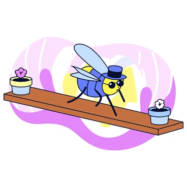 A fashionable fly with a shiny, iridescent body. It is wearing a small, elegant top hat and tiny sunglasses. The fly is confident as it struts down a miniature runway made of polished wood. The runway is flanked by colorful, exaggerated flower pots that add a whimsical touch to the scene. The background features a soft, blurred pattern of pastel colors to highlight the fly's stylish accessories.