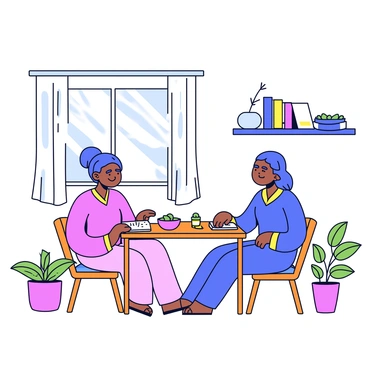 A room with natural light streaming through a window, illuminating two figures. An ayurvedic practitioner sits at a small wooden table, wearing traditional attire and a gentle expression. The practitioner has a notebook open, filled with notes. Across from them, a client is seated, looking attentive and relaxed. The table is adorned with herbal remedies in small bowls, and there are plants in pots around the room. A calming atmosphere is created by soft colors on the walls and the presence of a few books on shelves nearby.