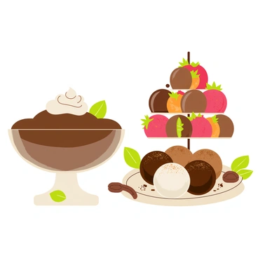 A table display featuring an assortment of cacao-based desserts. In the foreground, there is a glass bowl filled with rich, dark chocolate mousse topped with a dollop of whipped cream. Nearby, several chocolate truffles are arranged on a decorative plate, showcasing different flavors such as hazelnut, orange, and espresso, each coated in a dusting of cocoa powder or shredded coconut. In the background, there are chocolate-coated strawberries arranged elegantly on a tiered stand, glistening with a shiny finish. The entire setup is decorated with small mint leaves and chocolate shavings, adding a touch of color and contrast.