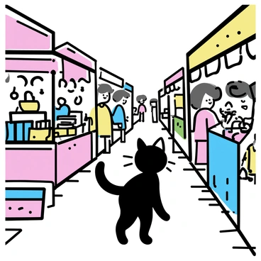 A black cat with shiny fur is wandering through a vintage market. The market features various colorful stalls, showcasing an array of vintage items like old toys, books, and handmade crafts. The stalls are adorned with bright decorations and fabrics, creating a vibrant atmosphere. The cat is curiously exploring the space, weaving between the stalls and pausing to observe the busy shoppers. The ground is cobblestone, enhancing the market's charm, and the overall scene captures a lively and bustling ambiance.