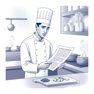 A chef stands in a busy kitchen, surrounded by stainless steel countertops and hanging pots. The chef, wearing a white chef's coat and a tall white hat, has a concerned expression on their face as they read a printed negative review of their dish. The kitchen is equipped with various cooking utensils, and a cutting board with chopped vegetables is visible in the foreground. Steam rises from pots on the stove, adding a sense of urgency to the scene. The chef's hands are holding the paper, which features bold black lettering.