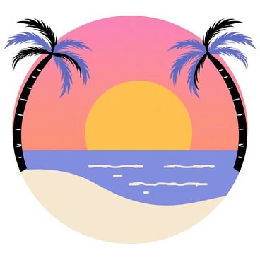 A beach scene at sunset featuring soft, rolling waves gently lapping at the sandy shore. The sky is filled with vibrant hues of orange, pink, and purple as the sun descends toward the horizon. Silhouettes of tall palm trees are positioned on either side of the scene, their fronds gently swaying with the evening breeze. The sand is light beige, reflecting the warm colors of the sunset. The overall atmosphere is peaceful and inviting.