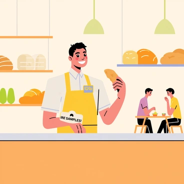 A friendly baker with a warm smile is standing behind a wooden counter in a cozy bakery. The baker has flour dust on their apron and is holding a slice of freshly baked bread. A small sign next to the baker reads "Free Samples!" Brightly colored loaves of bread are displayed on a shelf behind them, showcasing different types of bread, such as baguettes and ciabatta. Soft lighting from hanging lamps creates a welcoming atmosphere, and there are small tables with patrons enjoying their baked goods in the background.