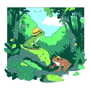 A green frog and a brown toad are wearing yellow explorer hats as they trek through a dense jungle filled with lush green foliage. The frog is hopping ahead on a moss-covered rock, while the toad follows closely behind, taking careful steps on the uneven ground. Sunlight filters through the thick canopy above, casting dappled shadows on the forest floor, which is scattered with colorful flowers and small vines climbing nearby trees. The atmosphere is lively with the sounds of chirping birds and rustling leaves as the two explorers navigate their vibrant surroundings.