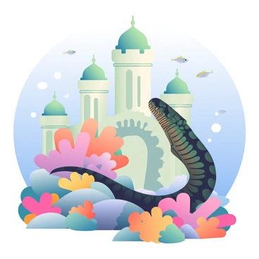 A moray eel with dark green and brown mottled skin is partially visible, poking out from a coral formation that resembles a grand palace. The coral structure has intricate designs and textures, with towers and arches mimicking architectural features. Colorful coral polyps in shades of pink, orange, and purple surround the palace-like formation, adding vibrancy to the scene. Schools of small, silver fish swim around the coral, and the water is a clear blue, allowing sunlight to filter down and illuminate the underwater scene.