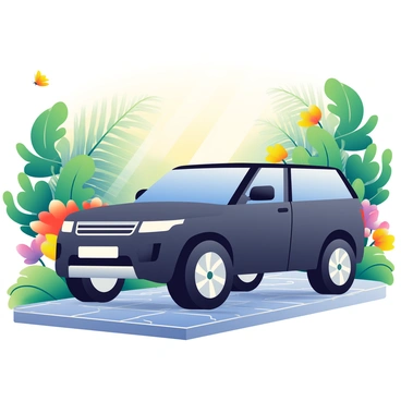 A sleek black Range Rover is parked on a cobblestone path in the foreground. The vehicle is surrounded by a lush botanical garden filled with a variety of blooming flowers in vivid colors such as red, yellow, and purple. Green ferns and leafy plants frame the scene, providing a rich backdrop. Sunlight filters through the foliage, creating dappled light patterns on the ground. A few butterflies are fluttering near the flowers, adding a touch of life to the serene setting.