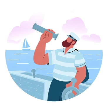 A sailor is standing on the deck of a ship, holding an antique nautical telescope up to his eye. The sailor is wearing a classic striped shirt and a rugged hat, with the ocean stretching out behind him. The ship's wooden deck is detailed with ropes and a weathered helm. In the distance, there are faint outlines of sails on the horizon, hinting at other vessels. The sky above features gradient pastel colors, transitioning from soft pinks to light blues as the sun sets.