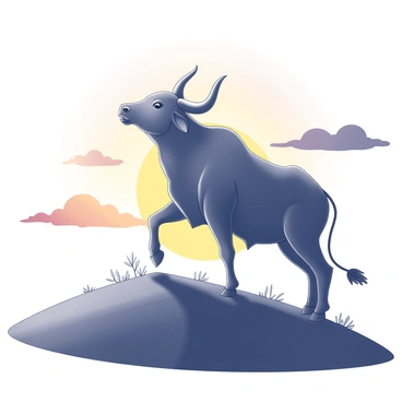 A silhouette of "Nandi," the sacred bull, standing majestically on a hilltop. The figure is outlined against a vivid "sunset," where the sun dips below the horizon, casting shadows and creating a dramatic contrast. The hilltop features a gently sloping terrain, with sparse vegetation. The sky is filled with a range of "shapes" created by the clouds, adding depth to the scene. The overall composition emphasizes the serene posture of "Nandi" as a symbol of strength and devotion against the backdrop of the setting sun.