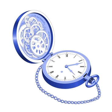 An intricate engraving of an antique pocket watch is positioned at the center of the composition. The watch features an ornate circular case with delicate engravings on its surface. Its lid is slightly open, revealing a complex arrangement of gears and cogs inside. Each gear has precise teeth and various sizes, interlocking seamlessly. The minute details include small inscriptions along the rim of the watch face, with Roman numerals marking the hours. The hands of the watch are elegantly shaped, indicating a specific time. A fine chain is attached to the watch, draping gracefully alongside it.