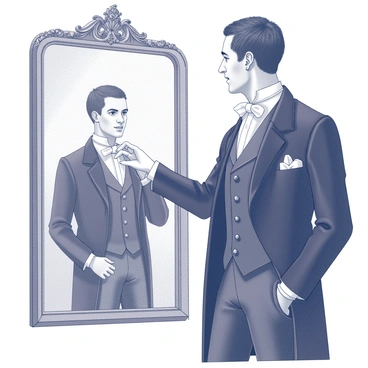 A man is standing before a large, ornate mirror. He is dressed in formal attire, with a dark waistcoat and a tailored coat, reflecting the fashion of his time. His right hand is delicately adjusting a cravat around his neck, ensuring it is perfectly positioned. The mirror captures his focused expression as he gazes at his reflection, conveying a sense of poise and preparation. The room is elegantly furnished, adding to the overall atmosphere of anticipation before the evening's ball.