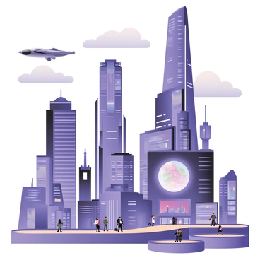 A digital flat illustration depicting a futuristic cityscape with tall skyscrapers made of glass and metal. The buildings are illuminated with neon lights in shades of blue and purple. In the sky above, there is a sleek spaceship with a shiny silver exterior, gliding through fluffy white clouds. The city is bustling with intricate details, such as flying vehicles and people in futuristic attire walking on elevated walkways. A large, circular holographic advertisement can be seen on one of the buildings, displaying vibrant imagery.