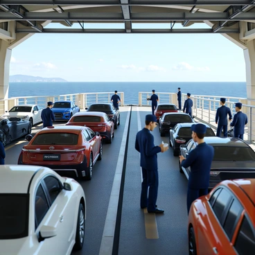 A group of crew members on a ferry deck, dressed in navy blue uniforms, are inspecting various cars parked in organized rows. The deck is spacious with an industrial design, featuring large metal beams and safety barriers. Some crew members are using handheld devices to log details, while others are visually checking the vehicles for security. The cars parked include a variety of colors and models, ranging from sedans to SUVs. The background shows the open sea, with a clear blue sky and distant shoreline. The atmosphere is focused and professional as the crew prepares for departure.