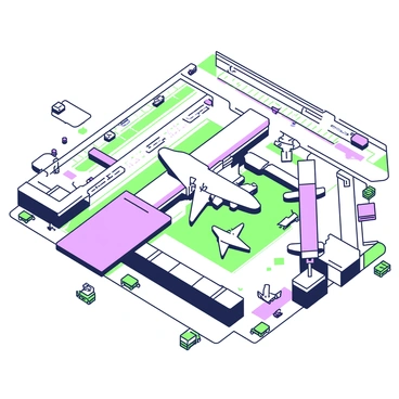 Aerial view of an airport with multiple jet bridges extending like branches from terminals