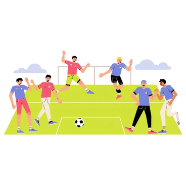 A group of five teenagers with diverse hairstyles and clothing styles is gathered on a bright green soccer field. They are positioned in a semi-circle, jumping and cheering, with wide smiles on their faces. One teenager in a red jersey has his arms raised high in excitement, while another in a blue jersey is giving a high five to a teammate. The ball is visible in the background, having just crossed the goal line. The sky is clear with a few fluffy clouds, adding to the cheerful atmosphere of the moment.