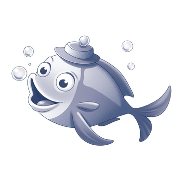 A cartoon fish with exaggerated features, swimming in a dynamic pose. The fish has a large, wide smile, showcasing its playful nature. It wears a tiny, round hat perched jauntily on its head. Bubbles are rising around the fish, emphasizing its movement in water. The background includes stylized waves that suggest a cheerful aquatic environment.