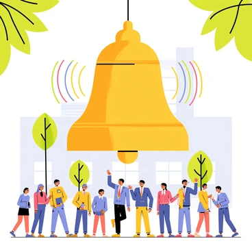 A large, traditional school bell made of shiny brass is suspended from a tall tower, its clapper striking against the bell to produce a loud ringing sound. Vibrant sound waves are illustrated in wavy lines radiating outward from the bell, representing the call to class. Below, a bustling courtyard is filled with students in colorful uniforms, some chatting in groups while others hurry along the pathways. Trees with green leaves frame the scene, and a bright blue sky overhead enhances the lively atmosphere.
