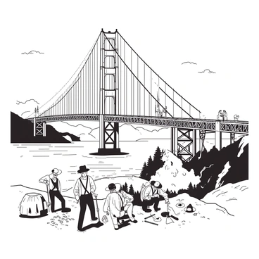 A white illustration of the "Golden Gate Bridge" set against a backdrop of a bustling scene from the "Gold Rush era." The bridge is depicted as partially constructed, featuring wooden scaffolding and workers in period attire diligently laboring on the structure. In the foreground, a group of prospectors with pickaxes and shovels are gathered near the water, examining the area for gold. They are dressed in 1850s clothing, including wide-brimmed hats and suspenders. The landscape includes rugged hills and trees, evoking the natural environment of the time. The sky is a soft gradient transitioning from white to another color, enhancing the historical atmosphere of the scene.