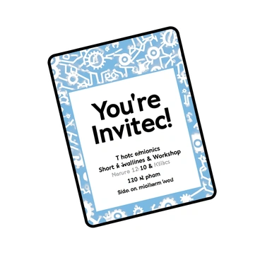 A rectangular invitation card with rounded edges. The background features a pattern of interlocking gears in varying sizes, displayed in shades of silver and metallic blue. Overlaying the gears, there are intricate circuit patterns in white, creating a sense of depth and technology. In the center of the card, the text reads "You're Invited!" in bold, modern font, followed by details of the workshop in smaller font below. The overall design conveys a sense of innovation and excitement about robotics.