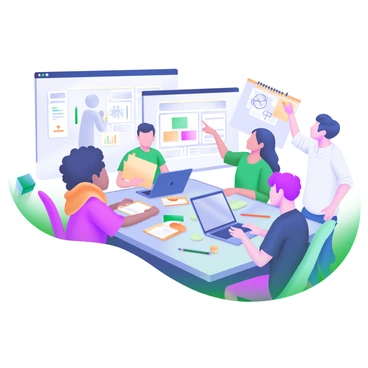 A modern pastel illustration depicting a group of five diverse team members gathered around a large table. Each member represents different backgrounds and skill sets, engaged in brainstorming. One person is sketching ideas on a notepad, another is using a laptop to research solutions, a third is drawing diagrams on a whiteboard, while a fourth is holding colorful sticky notes. The fifth team member is pointing at a chart on a screen behind them. Scattered around the table are various tools such as pens, notebooks, and a coffee cup, emphasizing a collaborative atmosphere.