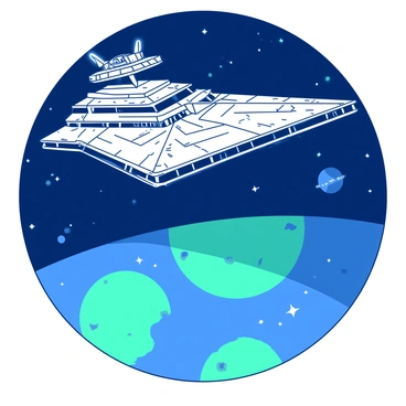A large Star Destroyer is positioned prominently in orbit above a blue and green planet. The ship features angular lines and sharp details, with its hull reflecting light from the nearby sun. Below, the planet showcases a vibrant atmosphere, including swirling clouds and visible landmasses. Occasional flashes of light can be seen on the surface, hinting at activity. The vastness of space surrounds the scene, filled with distant stars and celestial bodies.