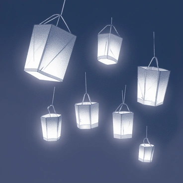 A collection of origami lanterns hanging in the night air, illuminated softly against a dark background. The lanterns are crafted with intricate folds, showcasing various geometric patterns. Each lantern has a delicate string attached to the top for hanging, swaying gently in the breeze. The atmosphere is filled with a sense of celebration as the lanterns create a charming display.