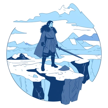 A tall figure resembling "Jon Snow" stands in a heroic pose on a rocky cliff. The cliff is rugged, with jagged edges contrasting against a backdrop of a vast, frozen landscape. Snow covers the ground, and ice stretches into the distance, reflecting the cold atmosphere of the North. The sky is overcast with dark clouds, enhancing the sense of a harsh environment. "Jon Snow" is clad in dark fur-lined attire, and his hair flows with the wind. His sword is drawn, held confidently at his side, as he gazes resolutely towards the horizon.