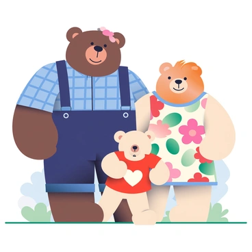 A large Papa Bear with dark brown fur is standing on the left, wearing a blue plaid shirt and dark suspenders. Next to him is Mama Bear, who has lighter brown fur and is wearing a floral dress with shades of pink and green. She is smiling gently at the camera. In between them is Baby Bear, a small bear with fluffy cream-colored fur, wearing a red t-shirt with a white heart. The bears are standing close together in a sunny outdoor setting, with green grass beneath their feet and a few trees in the background.