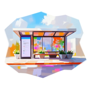 A creatively designed bus shelter featuring a unique structure with an angular roof. The shelter is adorned with vibrant murals depicting local landscapes and community themes, including colorful flowers and abstract shapes. There are benches made from recycled materials, and small planters filled with greenery are integrated into the design. Various community messages are prominently displayed on panels, showcasing uplifting quotes and information about local events. The shelter is set against a backdrop of a clear sky, with a few passing clouds.