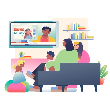 A family of four is seated together in a cozy living room while watching a large flat-screen TV mounted on the wall. The parents, a man with short brown hair and a woman with long black hair, are sitting on a dark gray sofa. The children, a boy with curly blonde hair and a girl with straight black hair, are sitting on colorful bean bags on the floor. The TV screen displays two news anchors, one presenting on the left side expressing a positive perspective and the other on the right side presenting a contrasting negative viewpoint. The living room is decorated with warm lighting, a bookshelf filled with books, and a potted plant in the corner, creating a sense of togetherness as the family engages with the differing news opinions.