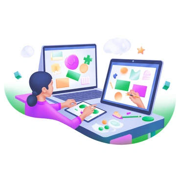 A modern pastel illustration featuring two creators collaborating on a digital canvas. One creator is positioned on the left, with a sleek laptop displaying vibrant illustrations. The second creator on the right, using a tablet, is sketching with a stylus. Both screens are brimming with colorful artwork, including abstract shapes, whimsical characters, and intricate patterns. The background features a soft gradient, enhancing the focus on the creators and their digital art. A few art supplies, like brushes and color palettes, are scattered on the table in front of them, adding to the creative atmosphere.