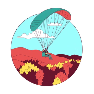 A teal paraglider with an orange canopy is soaring high above a vibrant landscape of autumn treetops. Below, the trees are a mix of red and yellow leaves, creating a stunning contrast as the sunlight filters through. The paraglider is gracefully gliding in the clear blue sky, with the pilot wearing a black helmet and a yellow harness. In the distance, more patches of colorful foliage can be seen, enhancing the sense of adventure and freedom in the air.
