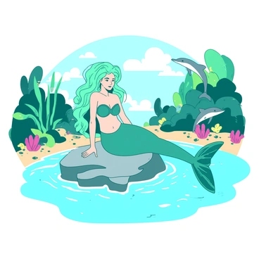 A teal mermaid lounging on a smooth rock in the center of a lagoon with crystal-clear water. The lagoon is surrounded by lush green plants and colorful coral formations. Playful dolphins are leaping out of the water, creating splashes around the mermaid. Sunlight filters through the water, casting shimmering reflections on the sandy bottom. The mermaid has long flowing hair and a shimmering tail, adding to the enchanting atmosphere of the scene.
