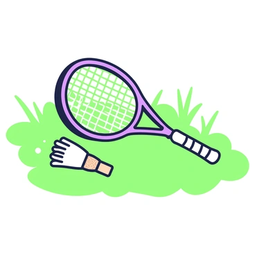 A badminton racket is lying on a patch of grass. The racket has a green-and-purple frame and an intricate string pattern. Next to the racket, there is a white shuttlecock, featuring a series of feathers arranged neatly around a cork base. The grass is lush and vibrant, with a few scattered blades bending under the weight of the racket and the shuttlecock. The scene is well-lit, highlighting the details of the racket's design and the texture of the grass.