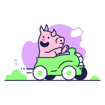 A pig with a big smile is sitting in the driver's seat of a small toy car. The pig has pink skin and its ears are perked up. The toy car is designed with playful shapes and features, including exaggerated wheels and a shiny exterior. The car is in motion, creating a sense of speed as it zooms along a flat surface. The background includes a few green bushes and a purple sky, enhancing the lively scene.
