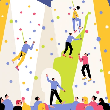 A group of five people climbing on colorful indoor rock walls. Each climbing wall features a variety of grips in different shapes and colors. One climber is reaching for a red hold near the top, while another is carefully balancing on a blue hold. A third climber is resting on a large green ledge, looking up at the wall. The facility has bright lights illuminating the climbing area and safety mats below. The atmosphere is lively, with a cheering crowd of spectators watching the climbers' progress.