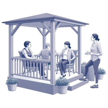 A covered porch with several neighbors sitting and standing around. One person is leaning against a wooden railing, while another is sitting on a wicker chair, gesturing as they speak. A third neighbor is perched on the edge of a second chair, looking attentively towards the street. The porch is bordered by potted flowers and has a few hanging plants overhead. The neighbors are engaged in a discussion, their expressions focused as they scan the surroundings for any unusual activity. The atmosphere conveys a sense of community and vigilance.