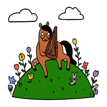A centaur with a tan coat and long, flowing dark hair is sitting gracefully on a grassy hilltop. The centaur has an upper body of a human with big eyes, wearing a simple, elegant tunic. The lower body is that of a horse, with muscular legs and a shiny coat. In its hands, the centaur holds a beautifully crafted wooden harp, plucking the strings delicately. Surrounding the hilltop, colorful wildflowers are swaying gently in the breeze, while small, curious animals like rabbits and birds gather nearby, drawn to the enchanting sound of the melodic tunes. The sky above is clear with a few fluffy clouds, adding to the tranquil atmosphere.