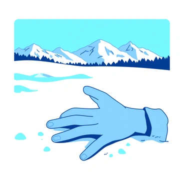 A snowy landscape stretches across the image, with a clear blue sky overhead. In the foreground, a pair of fingers is prominently displayed, showing signs of frostbite with a noticeable blue hue. The fingers are slightly curled, resting on a layer of fresh white snow. In the background, majestic mountains rise, their peaks capped with white snow. The contrast of the blue fingers against the white snow and the distant mountains creates a stark and striking visual.