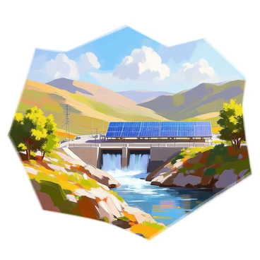 A combined solar and hydropower station is situated in a lush green valley surrounded by rolling hills. The solar panels, arranged in neat rows, glisten under the bright sun, reflecting light across the landscape. Nearby, a flowing river generates electricity, with a small dam visible in the distance. The valley is filled with vibrant greenery, including tall trees and various plants, creating a picturesque contrast with the technological elements of the power station. The sky is clear with a few fluffy white clouds, adding to the tranquil atmosphere of this energy-producing site.