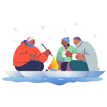 A group of three campers is sitting around a small fire on a flat ice floe. One camper, a woman with dark skin, is wearing a bright red parka and is roasting a marshmallow on a long stick. Next to her, a man with light skin and a blue beanie is leaning forward, watching the flames intently. In the background, another camper, a person with medium skin tone, is wrapped in a thick gray blanket, holding a steaming mug. The ice floe is surrounded by sparkling blue ocean water, and there are soft snowflakes gently falling from the overcast sky above. The fire casts a warm glow, illuminating the campers' faces against the cold, icy landscape.