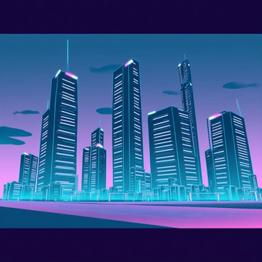 A sprawling city skyline at dusk, with tall skyscrapers silhouetted against a deep blue and purple sky. The buildings are adorned with numerous twinkling lights, illuminating the windows in a vibrant display. There is a sense of calm as the streets below remain empty, with no visible movement of people or vehicles. The atmosphere is serene, emphasizing the contrast between the bustling city and the stillness of the evening.