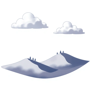 A composition showing fluffy clouds with soft, rounded edges floating in the sky. The clouds are large and billowy, casting gentle shadows. Below the clouds, rolling hills curve gracefully across the landscape, their surfaces varying in texture and form. The hills create a sense of depth and movement in the scene, with undulating slopes and occasional small clusters of trees. The overall arrangement presents a tranquil, harmonious view of nature.