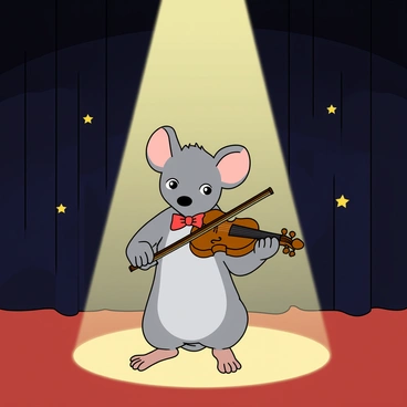 A small mouse with gray fur is standing on its hind legs, holding a tiny wooden violin with a small bow. The mouse has bright, expressive eyes and large ears, showcasing its playful demeanor. It is positioned center stage under a bright spotlight that highlights its playful performance. The stage has a dark curtain in the background, with a few colorful star props scattered around. The mouse is wearing a small bow tie, adding a touch of charm to its presentation. The scene captures the joy of the mouse as it plays the violin.