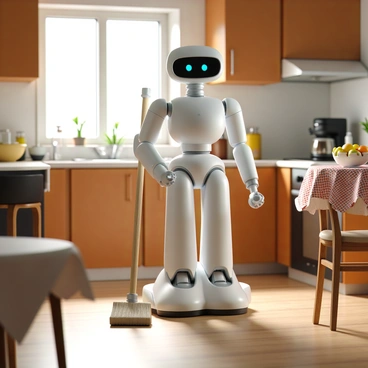 A household AI robot with a sleek, futuristic design and a soft white exterior is actively assisting with chores in a cozy kitchen. The robot has articulated arms equipped with various tools, currently using a small broom to sweep the floor. Around it, there are warm wooden cabinets and a checkered tablecloth on a round dining table. On the counter, there are bowls of fresh fruit and a coffee maker. A window allows sunlight to stream in, highlighting the robot's features and the inviting atmosphere of the kitchen.