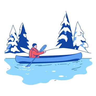 A blue canoe is gliding through icy waters, creating small ripples in the surface. A lone canoeist wearing a red life jacket is focused on paddling, with one hand gripping a wooden paddle. Surrounding the canoe are tall snowcapped trees, their branches heavy with white snow. The icy waters reflect the muted colors of the scene, highlighting the tranquility of the winter environment.