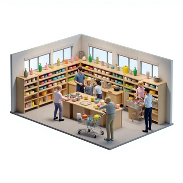 A spacious homeware franchise store filled with a variety of kitchen gadgets, home decor items, and customers browsing the aisles. The shelves are stocked with colorful items such as mixing bowls, utensils, and decorative vases. Customers, including a woman with short blonde hair pushing a shopping cart and a man with dark hair examining a set of cookware, are interacting with the products. The store has bright lighting, large windows, and displays that showcase the latest home trends.