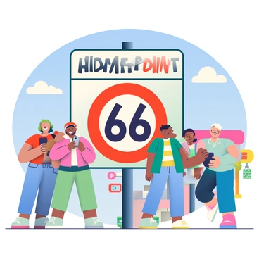 A "Route 66 midway point" sign is prominently displayed in the foreground, featuring a bold design with the iconic Route 66 shield. Surrounding the sign, a diverse group of tourists is standing, each holding cameras and phones, capturing the moment. Some tourists are smiling widely, while others are posing playfully next to the sign. The background shows a bright blue sky with a few fluffy white clouds, and there are colorful souvenir shops visible nearby, adding to the lively atmosphere.