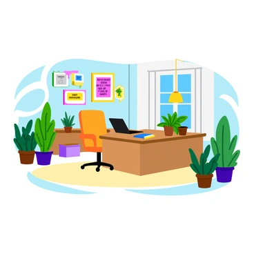 An inviting office space filled with various types of green plants, including small potted succulents and larger leafy plants. The walls are adorned with framed "motivational quotes" in bold, colorful fonts. A sleek wooden desk sits in the center, equipped with a modern laptop and stationery. A comfortable chair is positioned behind the desk, and a large window lets in bright, natural light, illuminating the room beautifully. The floor is covered with a soft, light-colored rug that adds warmth to the space.
